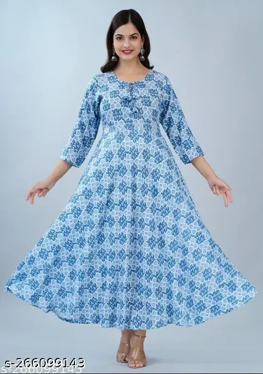 Rayon floral printed flared blue kurta: Premium quality, vibrant prints, 3/4 sleeves, versatile use