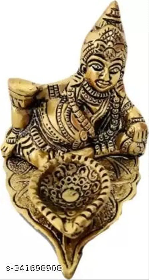 Golden Kuber figurine with diya on leaf, 7cm metal decorative showpiece from Ansh Trend
