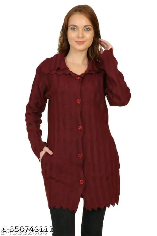 Women V-Neck Full Sleeves Long Length Cable Button Woolen Maroon Long Sweater Sweater