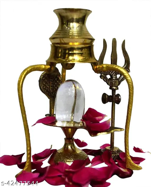 Brass Shiva ling statue on tranquil pink flower base, traditional puja altar