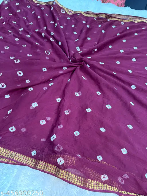 Chiffon silk bandhani dye saree with tassels, embroidered net blouse, free size, Indian origin
