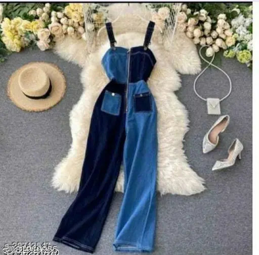 Multi-colored denim sleeveless jumpsuit, colorblocked design for women fashion, various sizes available