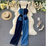 Multi-colored denim sleeveless jumpsuit, colorblocked design for women fashion, various sizes available