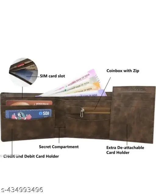 Brown faux leather casual formal men's wallet, features credit, debit, and visiting card pockets. Solid net quantity 1, free size. Perfect blend of styles, ideal for gifting. India origin