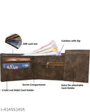 Brown faux leather casual formal men's wallet, features credit, debit, and visiting card pockets. Solid net quantity 1, free size. Perfect blend of styles, ideal for gifting. India origin