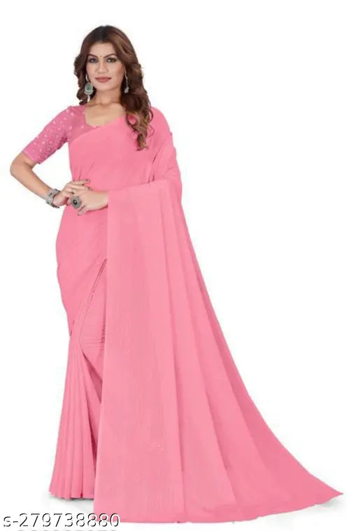 Shimmer Gergete pink saree, single free-size Georgette fabric with embellished net blouse, Indian tradition and elegance