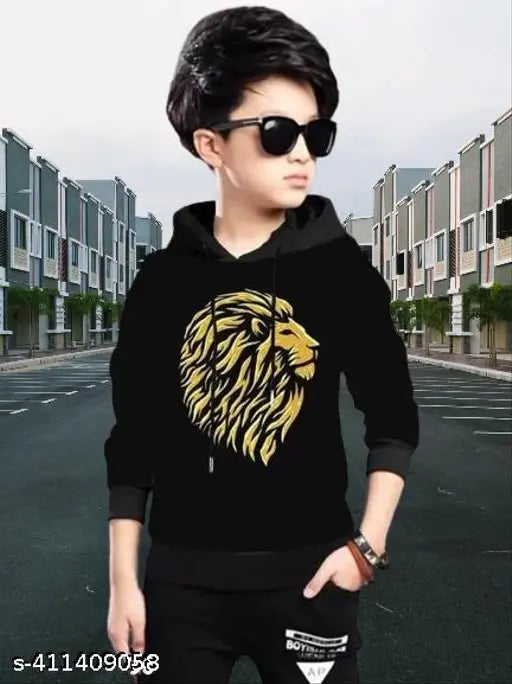 Kids Boys & Girls Hooded Neck Full Sleeves Printed Regular Fit Pure Cotton T Shirt, Black