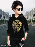Kids Boys & Girls Hooded Neck Full Sleeves Printed Regular Fit Pure Cotton T Shirt, Black