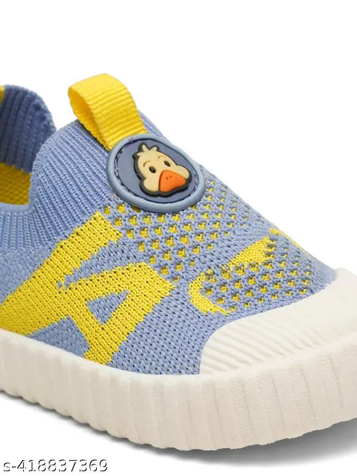 Sky blue and yellow toddler's first step shoes with playful duck design