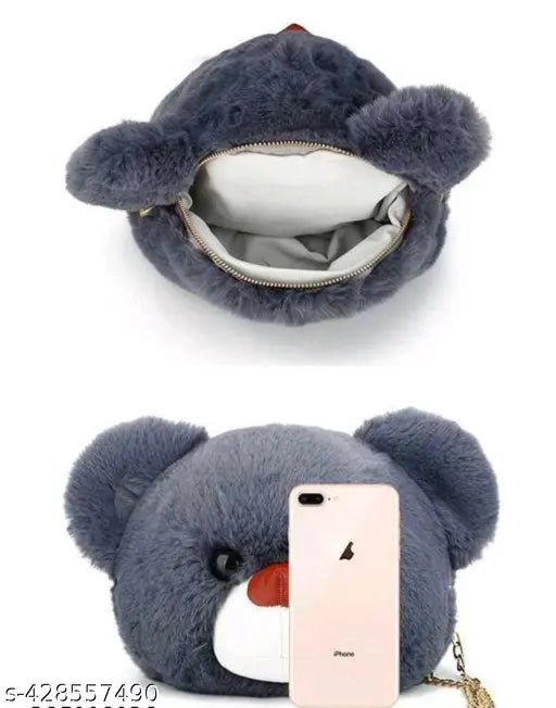 Elegant fur sling bag with teddy bear face design, zip closure