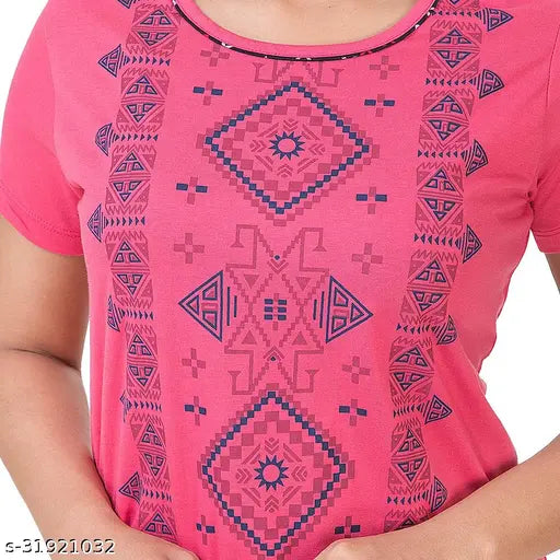 Printed cotton half-sleeve women's night suit, soft, breathable, ideal for sleepwear - Bell Paper, India