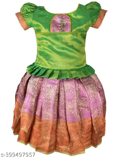 Kids traditional pattu pavadai & Lehenga choil set, tissue lehenga, short sleeves, applique pattern, Indian festivals attire, ready-to-wear for kids