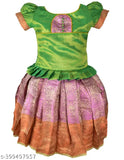 Kids traditional pattu pavadai & Lehenga choil set, tissue lehenga, short sleeves, applique pattern, Indian festivals attire, ready-to-wear for kids
