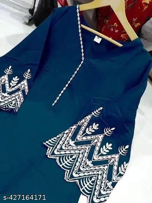 Rayon V-neck kurti set with bell sleeves and pants, women's kurti pant in solid colors, exclusive embroidered Indian design