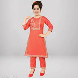 Girls embroidered rayon kurta set with trouser, A-line, knee-length, three-quarter sleeves, sizes 4-5 years to 16 years, Indian handcrafted embroidery