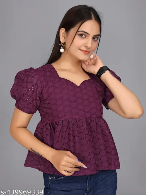 Flaired wine Hakoba cotton top, three-quarter sleeves, printed net pattern, XS size (36in bust, 26in length). Indian cotton blouse