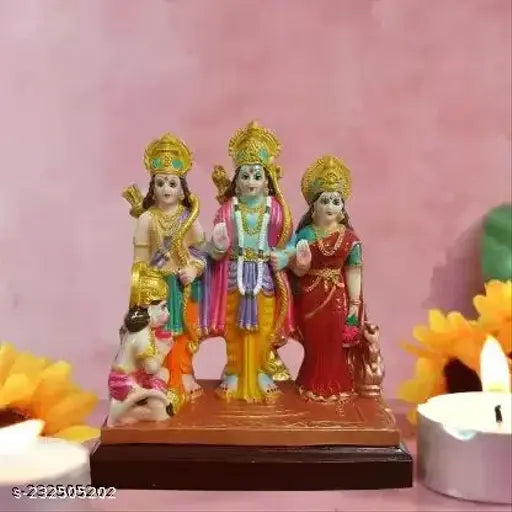 Multicolored polyresin diwali decorative showpiece with Ram Darbar, Laxman, Sita, and Hanuman figures, 12 cm tall, pooja gift decoration