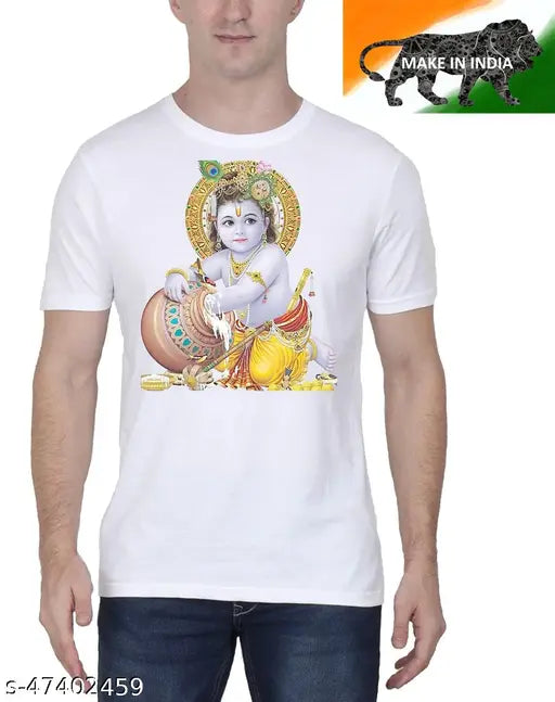 Classic polyester men's t-shirt with printed Krishna design, short sleeves, available in S, M, L, XL, XXL. Made in India