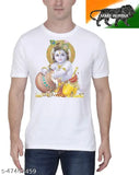 Classic polyester men's t-shirt with printed Krishna design, short sleeves, available in S, M, L, XL, XXL. Made in India