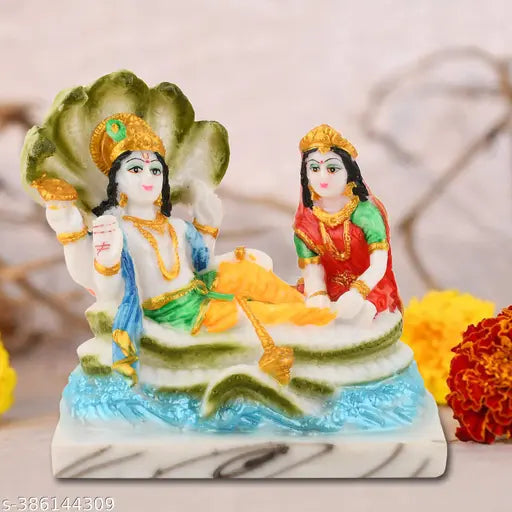 Resin Laxmi-Vishnu Puja idols, Chaturbahu style, for Pooja room or religious place, India-made, dimensions: 5"x2.5"x4