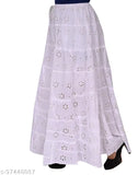 Cotton Chikan embroidery white long skirt, traditional Indian women's/girls wear with free size 28-40 inch waist and lengths of 32, 34, 36, 38, or 40 inches