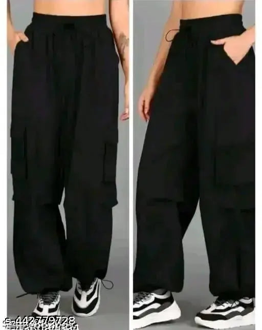 Solid polyester cargo-style joggers for women, solid color, latest Western wear design, elastic waistband