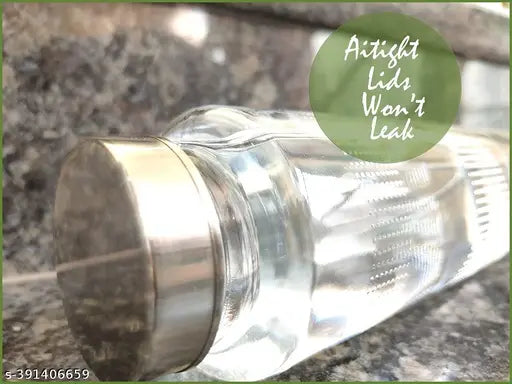 Clear glass airtight water bottle (750ml), leak-proof stainless steel lid for smoothies, juices, and beverages. Single pack with reusable travel glasses. Fridge-friendly, BIS/ISI certified, India origin