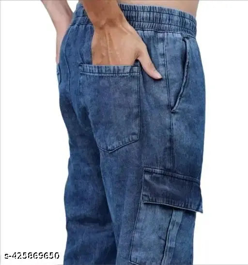 Men's light blue denim cargo track pants