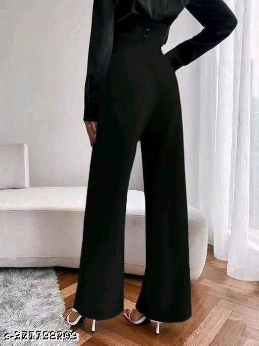 Solid black cotton blend flare leg pants, high waist split hem style for women & girls, formal wear, India origin