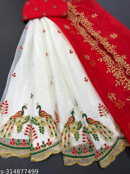 Heavy net fabric multi-thread embroidery work Lahengha with heavy Bangalore silk embroidery blouse and net fabric dupatta. Semi-stitched, intricate design, Indian bridal wear