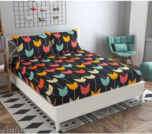 White and gold ethnic motif double bedsheet with 2 pillow covers, glace cotton blend for AC room, by Bombay Dyeing