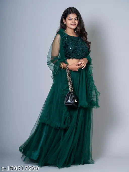 Trendy green color jute silk partywear lehenga-choli with embellished top, net bottom, and solid dupatta, 38 in waist, 42 in length, 2.5 mtr long dupatta