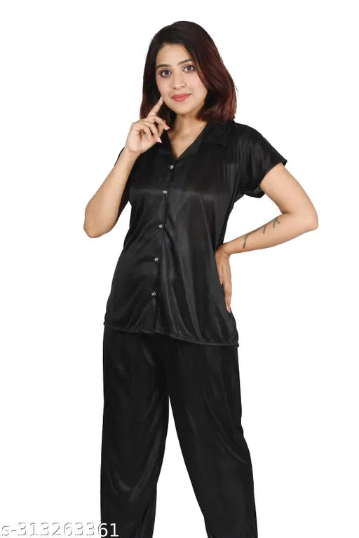 Black satin nightsuit set for women (M/L/Free size), loose-fitting full sleeve pyjama bottom with shirt top, hand washable satin fabric, India origin