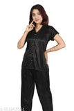 Black satin nightsuit set for women (M/L/Free size), loose-fitting full sleeve pyjama bottom with shirt top, hand washable satin fabric, India origin