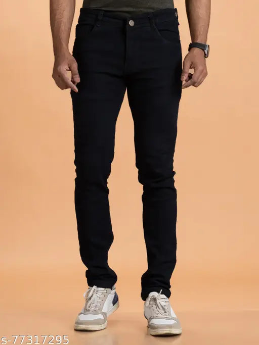 Solid black denim jeans for men, stretchable and comfortable for casual, party, or office wear. Available in sizes 28-42 (waist 28-42, length/hip size 42 in). Made in India