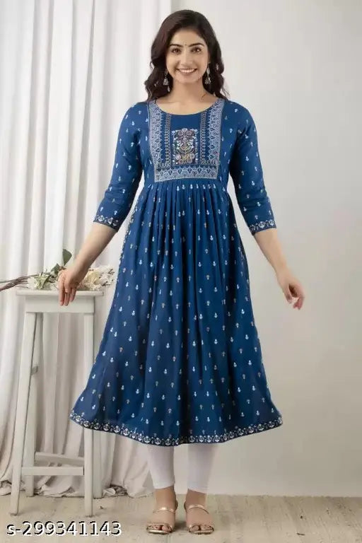 Purple rayon embroidered kurta with side slits and color block print, suitable for office or casual wear, Indian origin