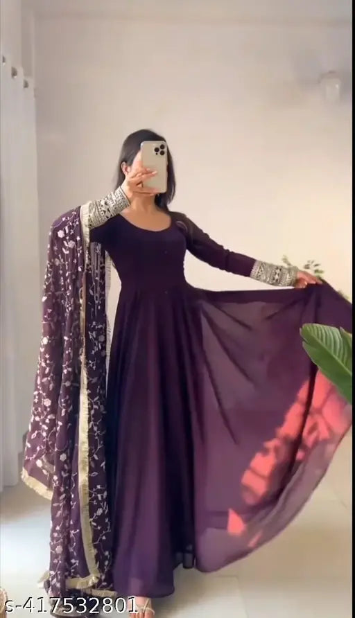 Georgette long sleeve solid gown, Indian designer fashion for women in multiple sizes (S-XXL)
