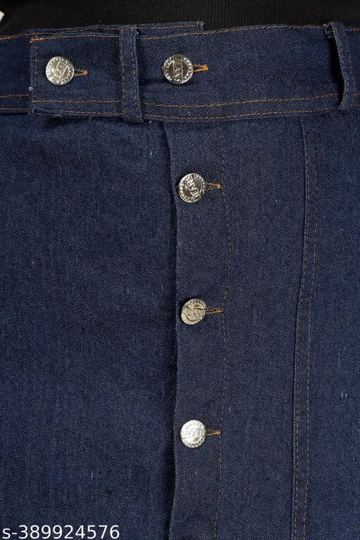 Long dark blue denim skirt with button side split for women