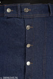 Long dark blue denim skirt with button side split for women