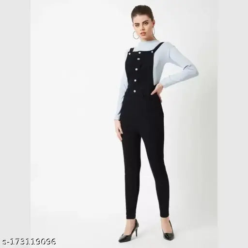 Women's high-waist blue denim dungaree jeans with long sleeves and adjustable shoulder straps, solid pattern on India-made jeans