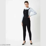 Women's high-waist blue denim dungaree jeans with long sleeves and adjustable shoulder straps, solid pattern on India-made jeans