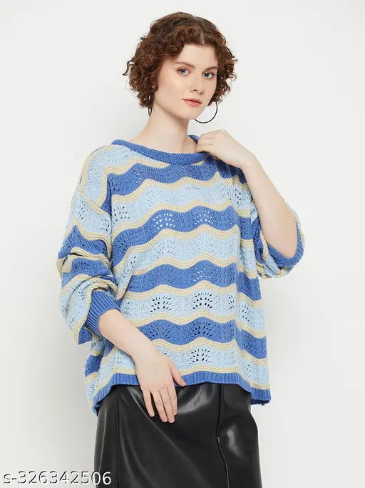 Wool blue round neck open-knit sweater with self-design pattern, full sleeves, and pull-on closure for women, size M (bust 50 in, length 19 in)