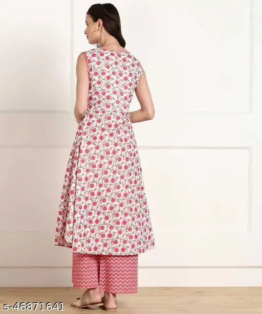 Aakarsha Voguish women's cotton blend kurta set with palazzos, printed net pattern, sleeveless, size options available from XS to XXXL. Indian-origin fashion for women