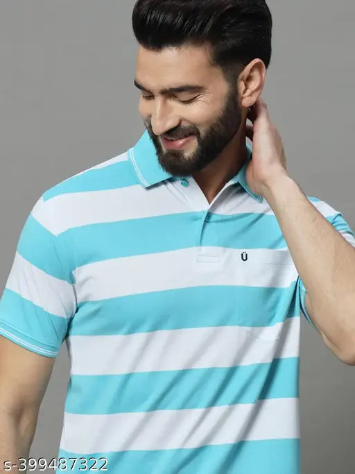 UNIBERRY men's printed cotton blend polo collar striper t-shirt with short sleeves, pocket on chest - India