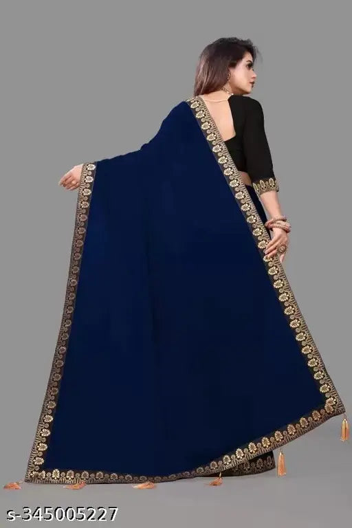 SolidPlain Embroidered Blue Georgette Saree