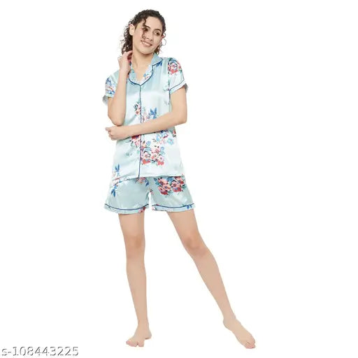 Turquoise floral print Japanese satin nightsuit for women, featuring lapel collar and short sleeves, available in sizes XS to 5XL