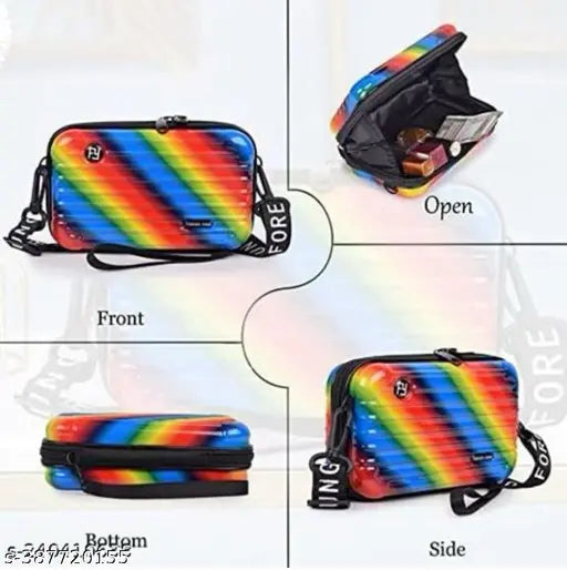 Vibrant Rainbow Slingshot with multiple pockets and a front pocket. Designer quality slingbags for attractive women