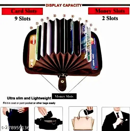 Genuine black leather RFID blocking 5-compartment card holder, textured design. Premium leather, small size, 12-card slots, 2 bill pockets, zipper coin pocket. Perfect for men or women. Made in China