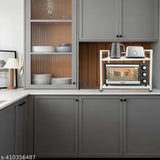 Two-tier microwave stand in white, with an oven stand beneath it featuring 10 hooks on a white shelf rack