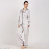 Silver solid print pattern satin night suit set for women, XS-XXXL